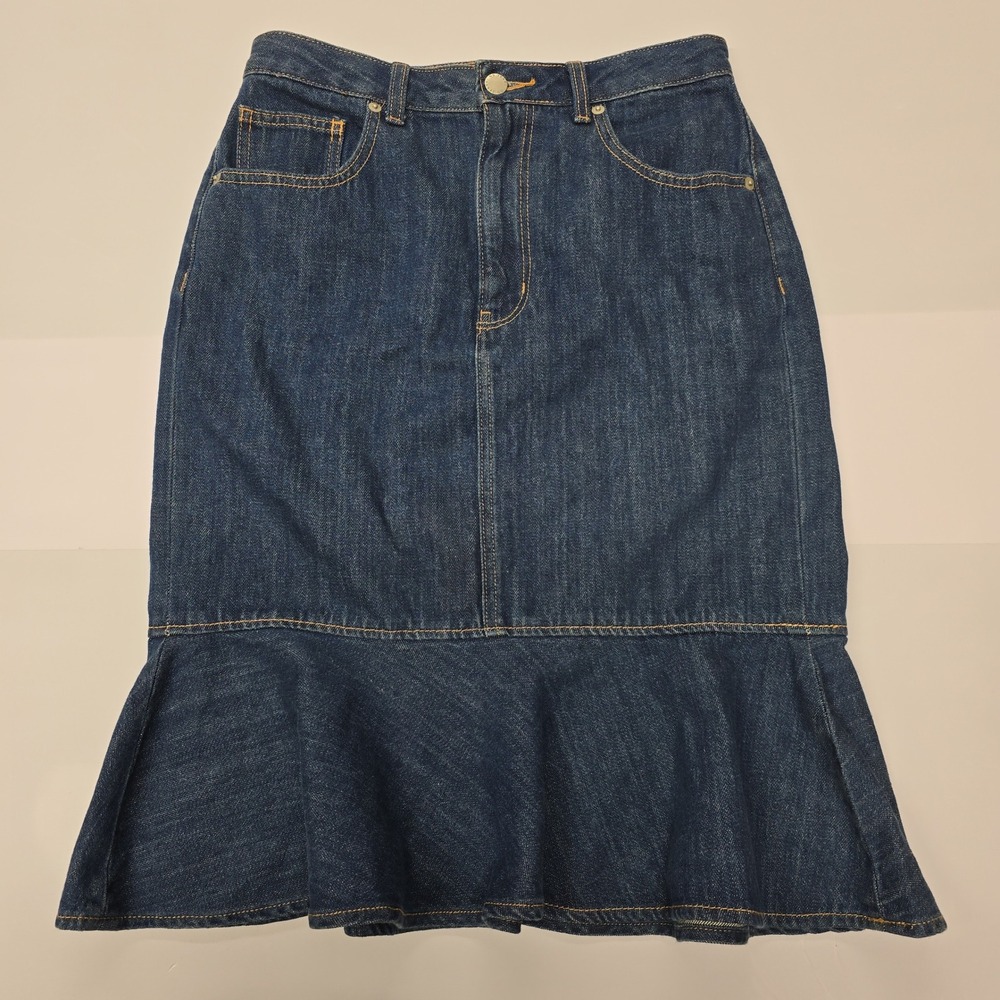 GU Denim Mermaid Skirt Midi Blue Cotton Frayed Hem Women's Size 7 - Picture 1 of 5